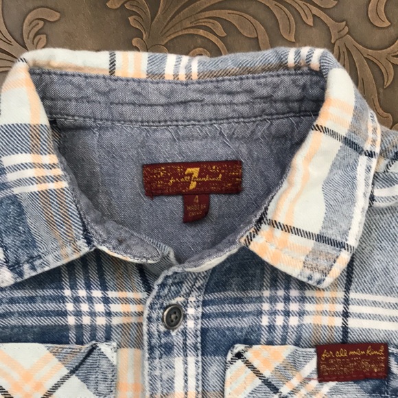 7 for all mankind Size 4 Flannel Button Up Shirt Plaid Blue - Picture 2 of 6